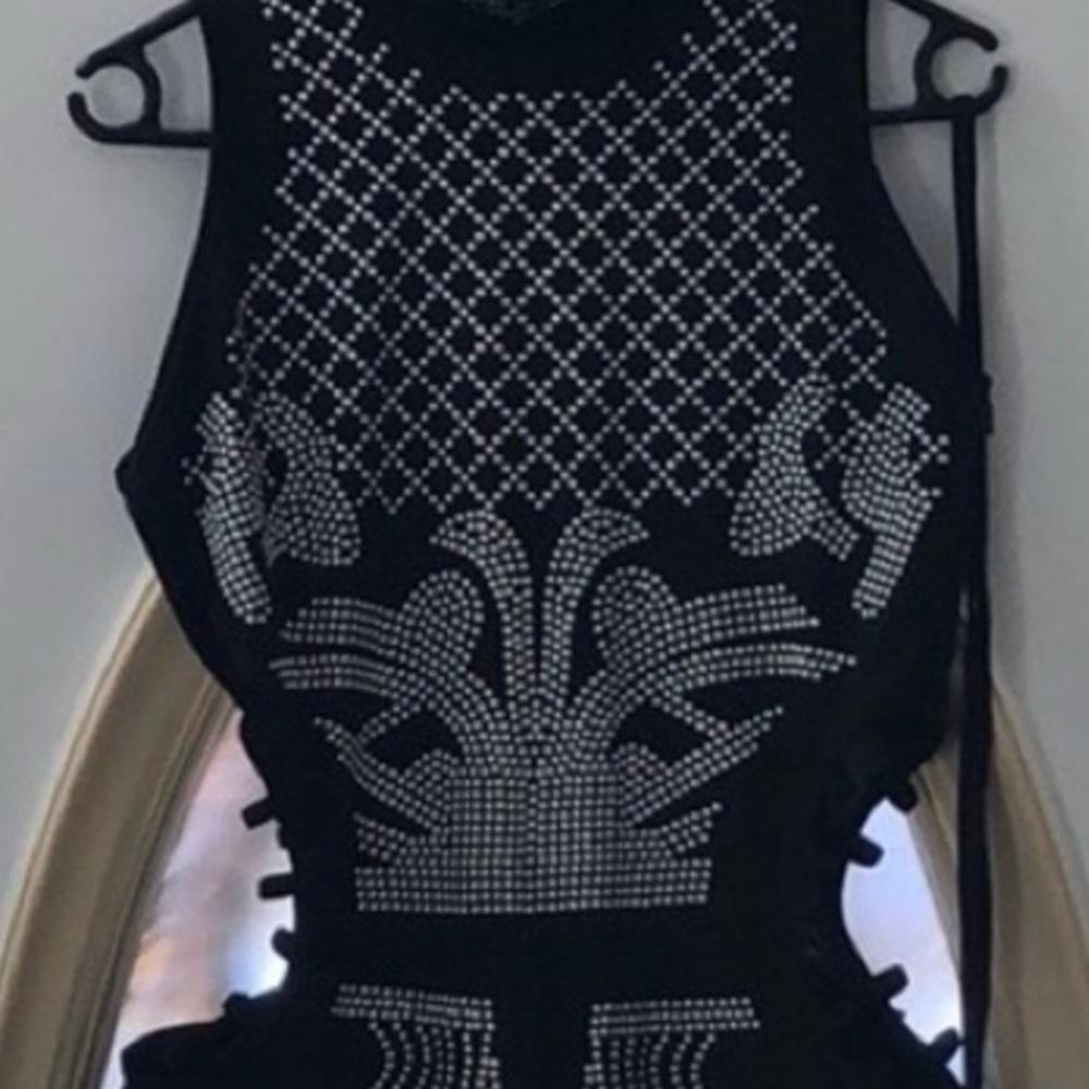 Black Studded Unique Ladies Pantsuit size Large, no strap for sides